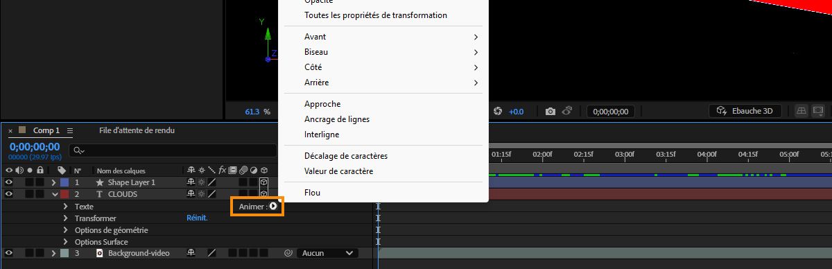 El menú Animar de una capa está abierto y está resaltada la opción Habilitar 3D por carácter.