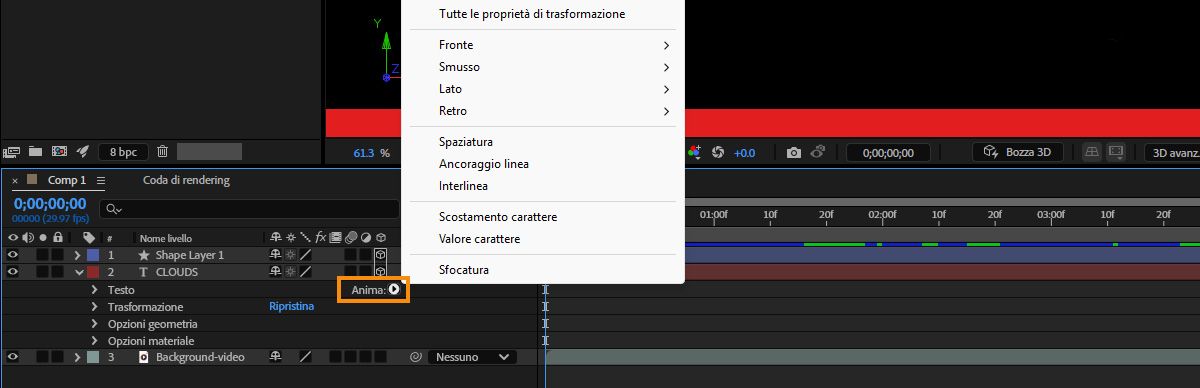Menu Anima per un livello aperto con l’opzione Attiva 3D per carattere evidenziata.
