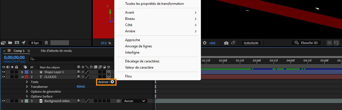 Le menu Animer d’un calque est ouvert et l’option Activer la 3D par caractère est mise en surbrillance.