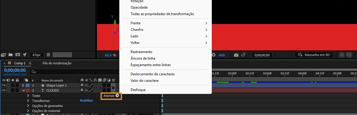 O menu Animar de uma camada aberto com a opção Habilitar 3D por caractere destacada.