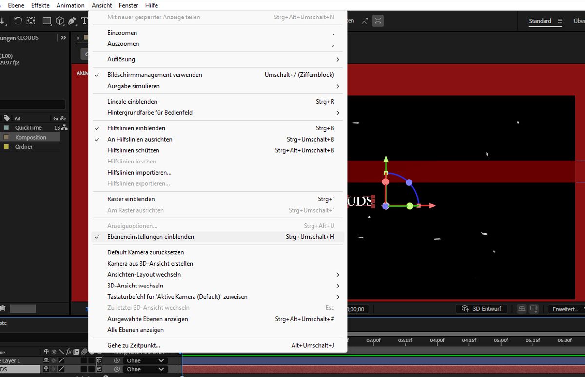 Das Menü „Ansicht“ ist geöffnet und die Option „Ebeneneinstellungen einblenden“ ist hervorgehoben.