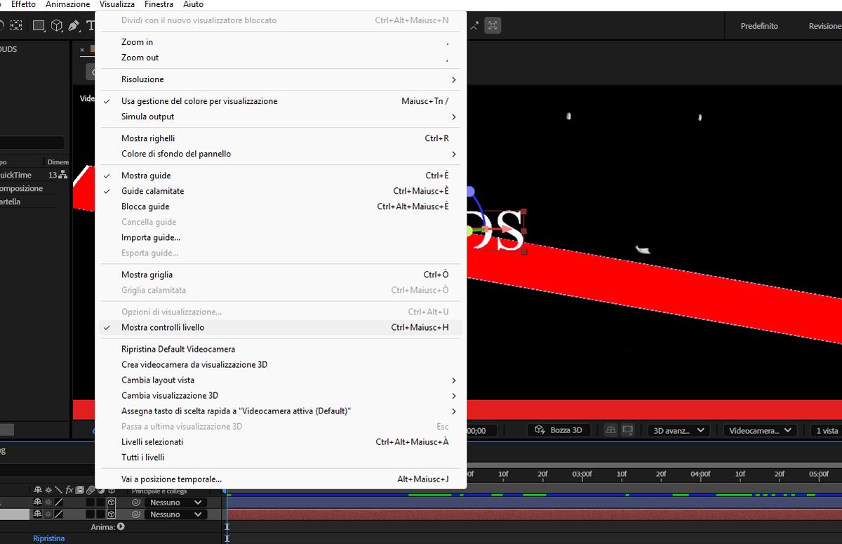 Menu Visualizza aperto con l’opzione Mostra controlli livello evidenziata.