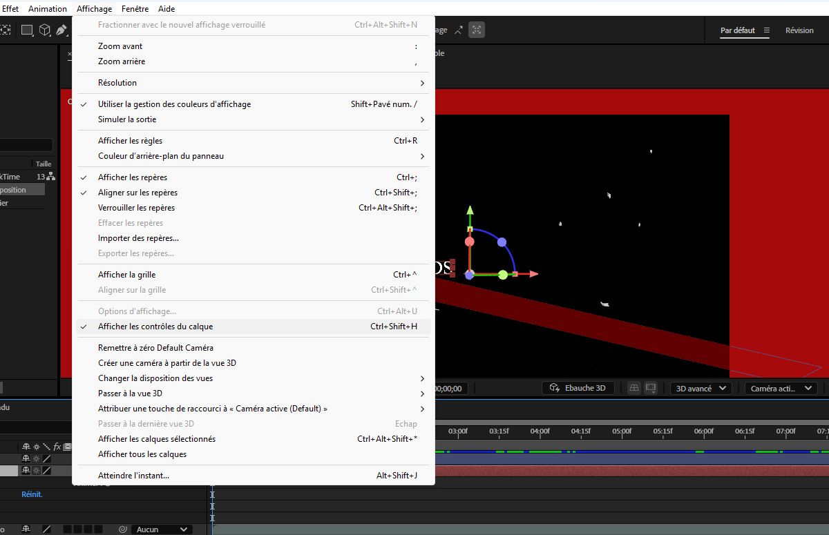 Le menu Afficher est ouvert et l’option Afficher les contrôles de calque est mise en surbrillance.