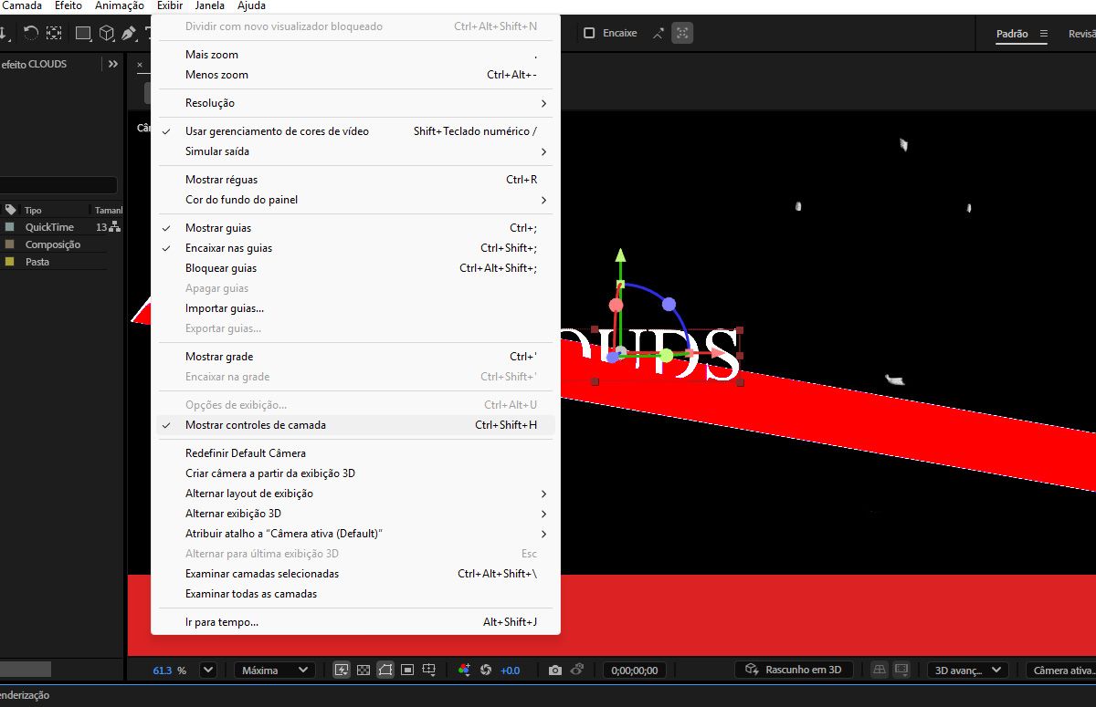 O menu Exibir está aberto e a opção Mostrar controles de camada está destacada.