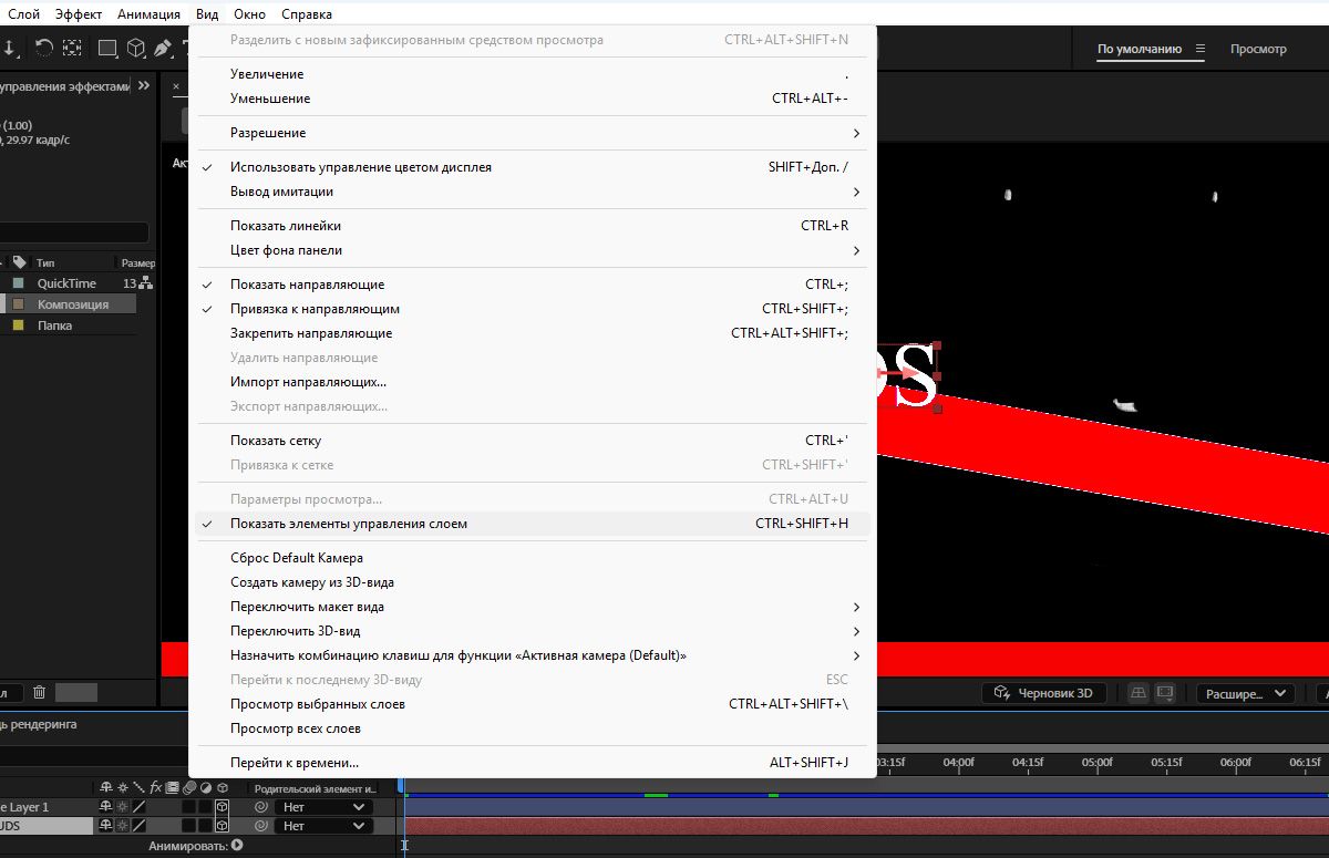 Открыто меню «Вид» с выделенным параметром «Показать элементы управления слоем».