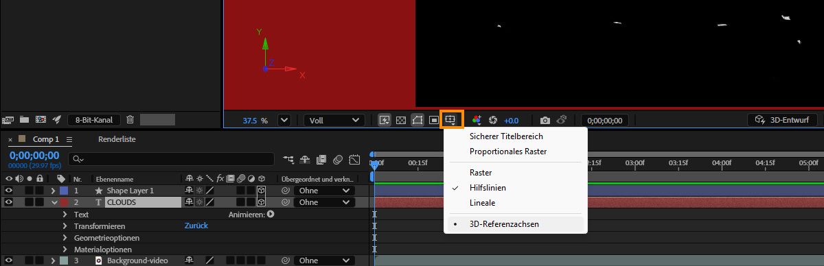 Die 3D-Referenzachsen werden im Optionsmenü für Raster und Hilfslinien ausgewählt.