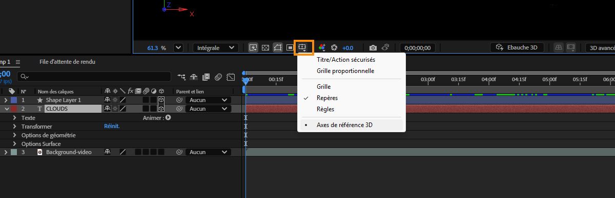 Los ejes de referencia 3D se seleccionan en el menú Opciones de cuadrículas y guías.