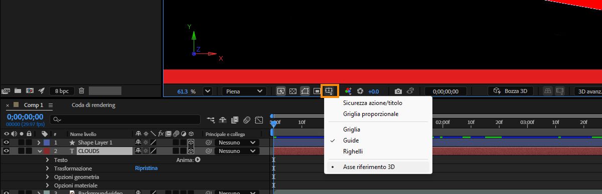 Gli assi di riferimento 3D selezionati dal menu Opzioni griglia e guide.