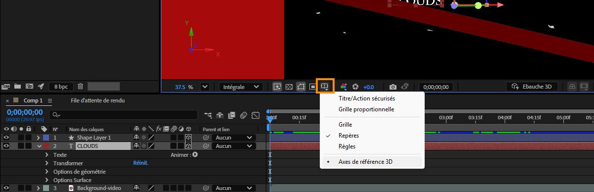 L’axe de référence 3D est sélectionné dans le menu Options de grille et de repères.