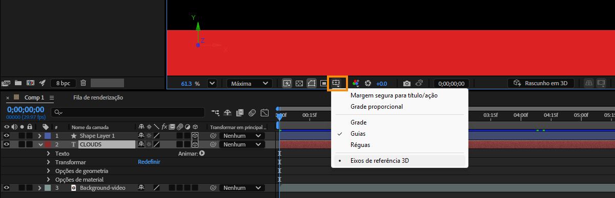 Os eixos de referência 3D são selecionados no menu Opções de grade e guias.