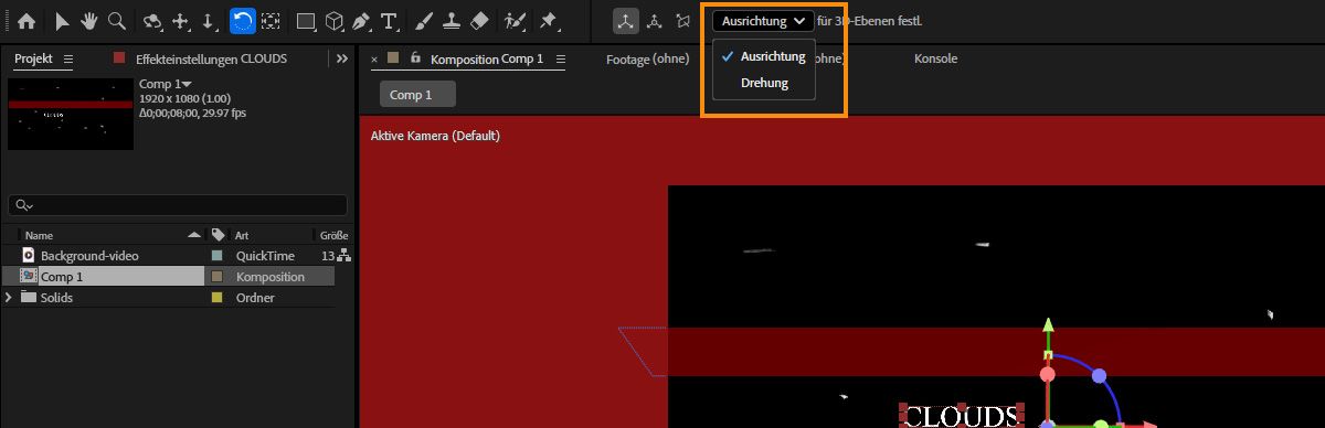 Das Dropdown-Menü „Festlegen“ in der Symbolleiste ist geöffnet und es sind zwei Optionen aufgeführt: „Ausrichtung“ und „Drehung“.