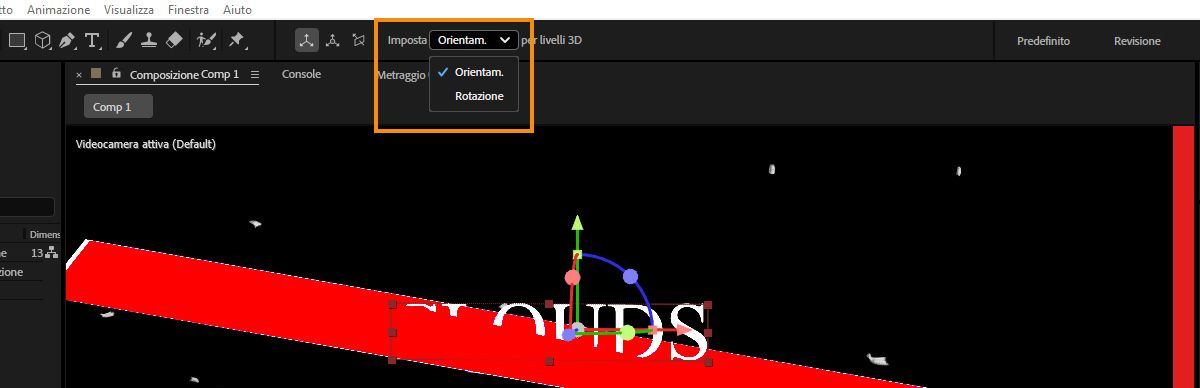 Menu a discesa Imposta nella barra degli strumenti aperto con due opzioni elencate: Orientamento e Rotazione.