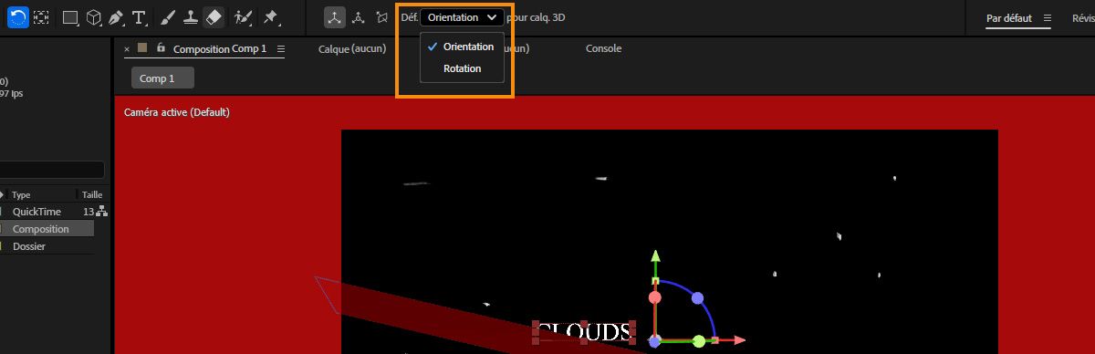 Le menu déroulant Définir dans la barre d’outils est ouvert et il contient deux options : Orientation et Rotation.