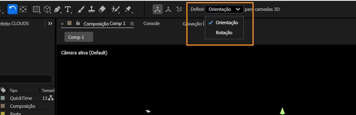 O menu suspenso Definir está aberto na barra de ferramentas e há duas opções listadas: Orientação e Rotação.