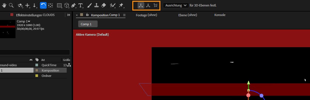 Die Modi „Achse“ in der After Effects-Symbolleiste sind hervorgehoben.