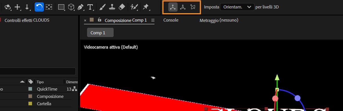Modalità Assi evidenziate nella barra degli strumenti di After Effects.