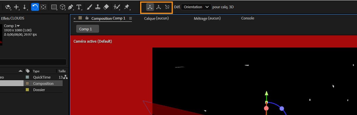 Les modes Axe de la barre d’outils After Effects sont mis en surbrillance.