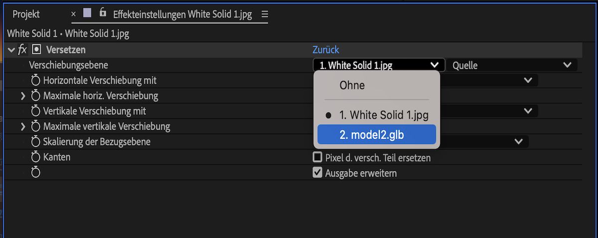Die Einstellungen für den Effekt „Versetzen“ werden im Bedienfeld „Effekteinstellungen“ angezeigt. Die Ebene mit den 3D-Modellen wurde als Quelle für den Versetzungseffekt ausgewählt.