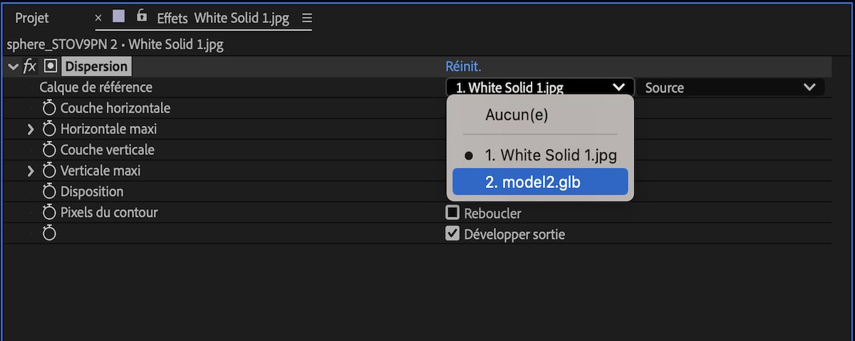 Les paramètres de l’effet Dispersion sont affichés dans le panneau Options d’effet. Il contient le calque avec les modèles 3D sélectionnés comme source de l’effet Dispersion.