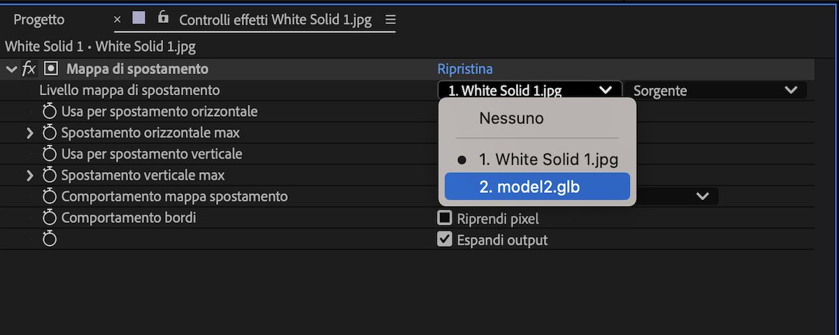 Le impostazioni dell’effetto Mappa di spostamento vengono visualizzate nel pannello Controllo effetti. Il livello con i modelli 3D selezionati è la sorgente per l’effetto di spostamento.