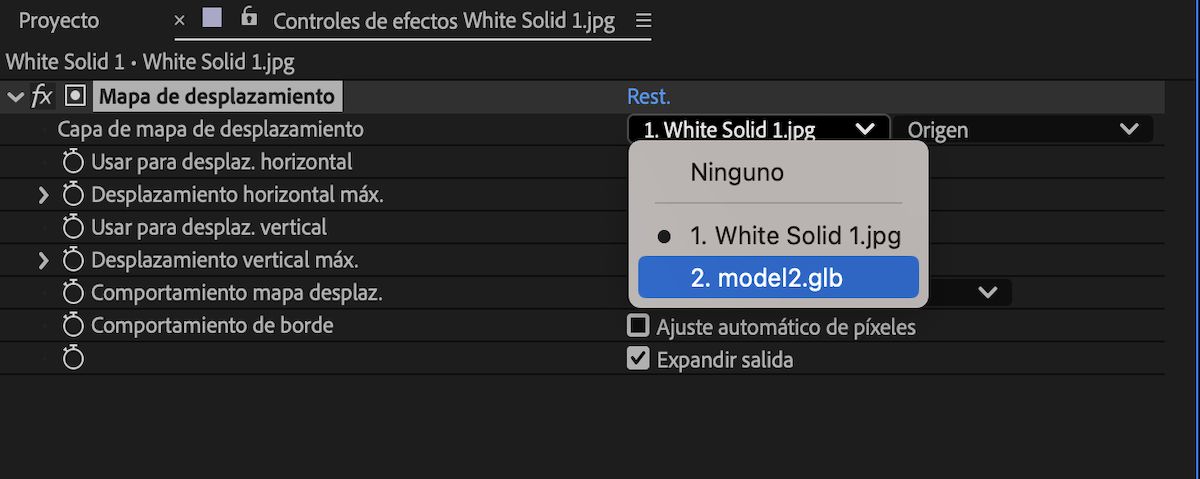 Los ajustes del efecto Mapa de desplazamiento se muestran en el panel Controles de efectos. Tiene una capa con los modelos 3D seleccionados como origen para el efecto de desplazamiento.