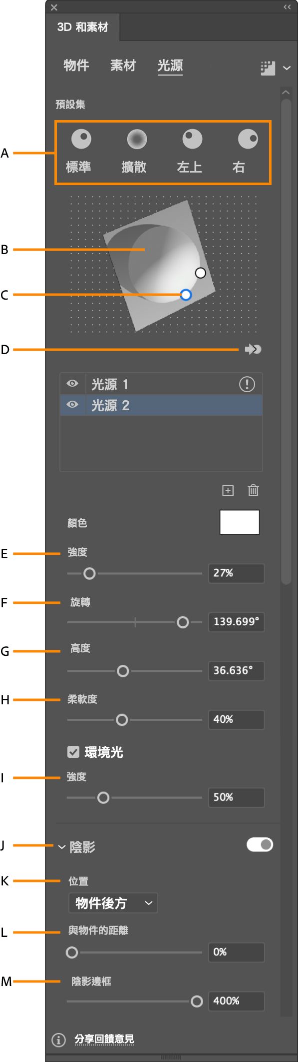 3D 和素材面板中的光源標籤具有光源預設集、光源小工具和其他光源控制項。