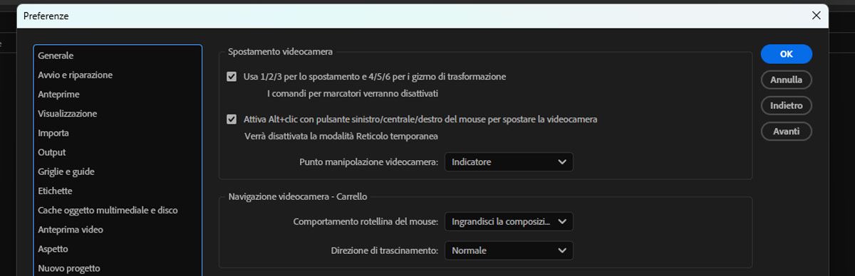 La finestra di dialogo Preferenze è aperta e l’opzione “Usa 1/2/3 per la navigazione e 4/5/6 per i gizmo trasformazione” è selezionata.