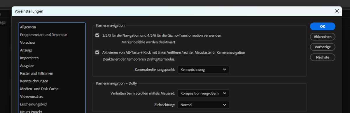 Das Dialogfeld „Voreinstellungen“ ist geöffnet und die Option „1/2/3 für die Navigation und 4/5/6 für die Gizmo-Transformation verwenden“ ist aktiviert.
