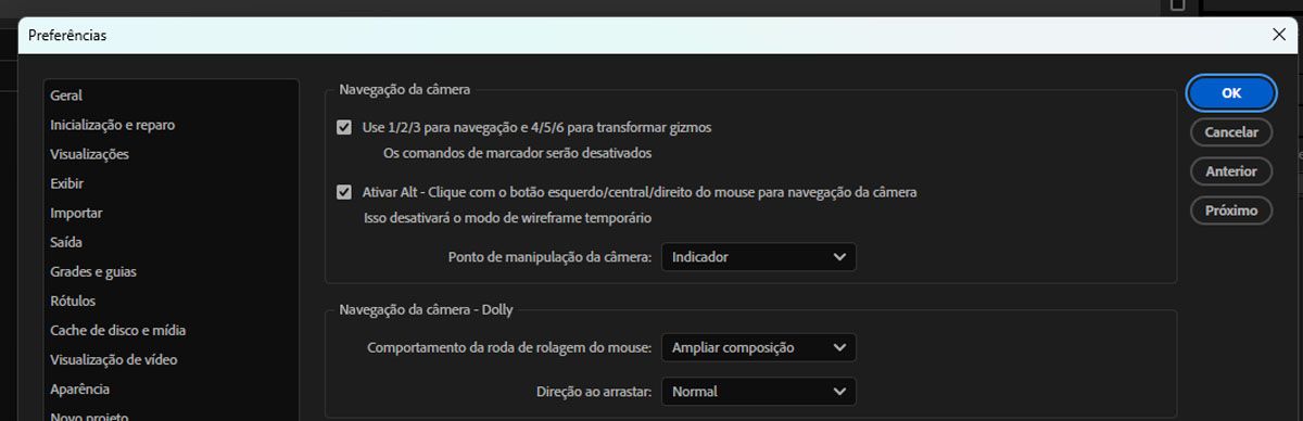 A caixa de diálogo Preferências aberta e a opção “Usar 1/2/3 para navegação e 4/5/6 para dispositivos de transformação” marcada.