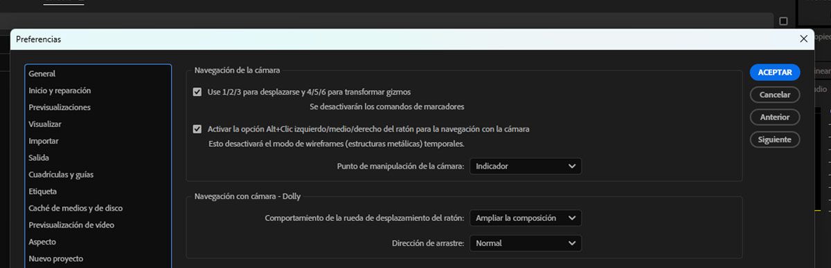 El cuadro de diálogo Preferencias está abierto y la opción “Utilizar 1/2/3 para la navegación y 4/5/6 para las herramientas de transformación Gizmo” está seleccionada.