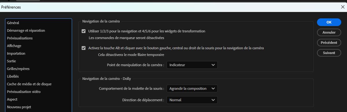 La boîte de dialogue Préférences est ouverte et l’option « Utiliser 1/2/3 pour la navigation et 4/5/6 pour les widgets de transformation » est cochée.