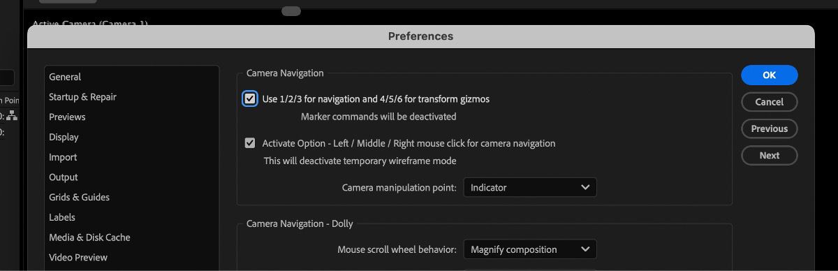 The Preferences dialog box is open and 'Use 1/2/3 for navigation and 4/5/6 for transform gizmos' option is checked.