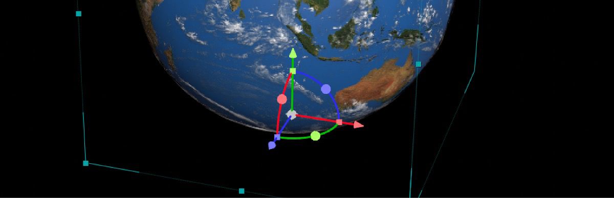 Um modelo 3D está selecionado no painel “Composição”, com o gizmo primário habilitado.