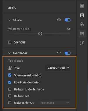 Opciones para ajustar un clip de voz