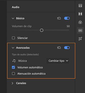 Opciones para ajustar un clip musical