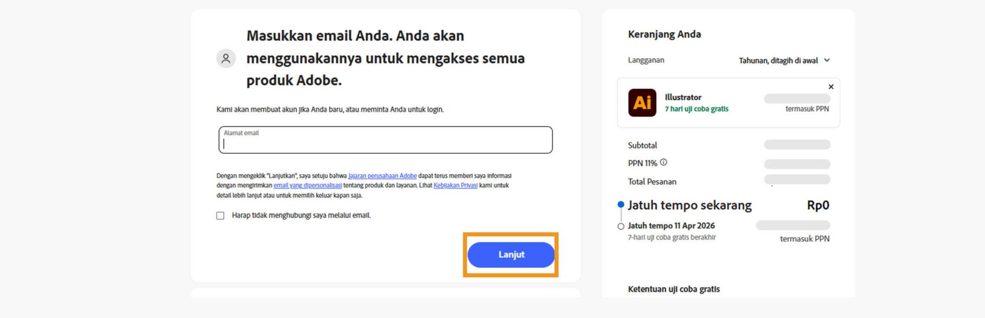 Halaman pembayaran menampilkan kotak teks untuk memasukkan alamat email Anda dan detail paket Anda, serta options untuk melanjutkan atau kembali ke halaman sebelumnya. 