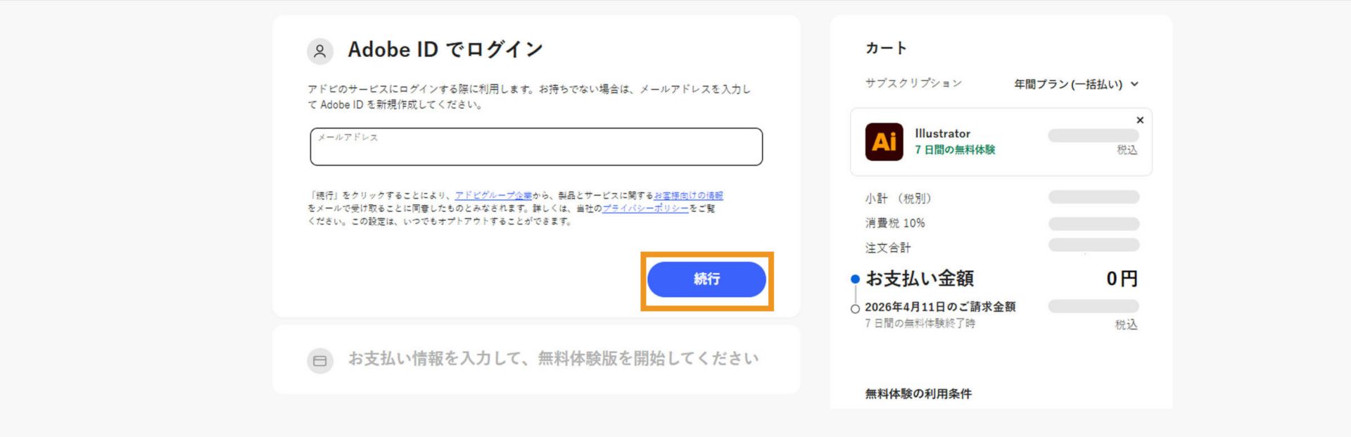 支払いページには、メールアドレスとプランの詳細を入力するためのテキストボックスと、続行するか前のページに戻るかのオプションが表示されます。 