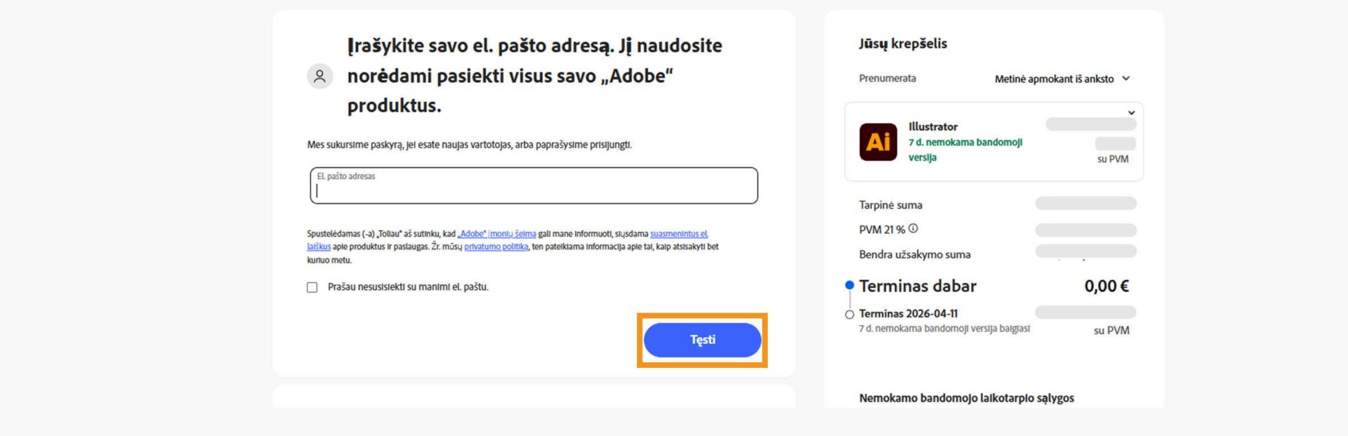 Mokėjimų puslapyje rodomas teksto laukelis el. pašto adresui įvesti ir jūsų plano informacija bei parinktys tęsti arba grįžti į ankstesnį puslapį. 