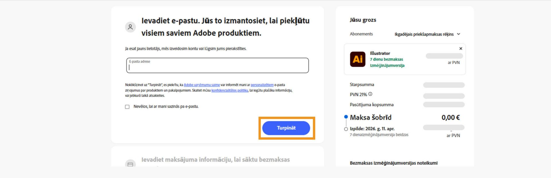 Maksājumu lapa rāda ievades lauku e-pasta adresei un informācijai par plānu, kā arī piedāvā iespējas turpināt vai doties atpakaļ uz iepriekšējo lapu. 