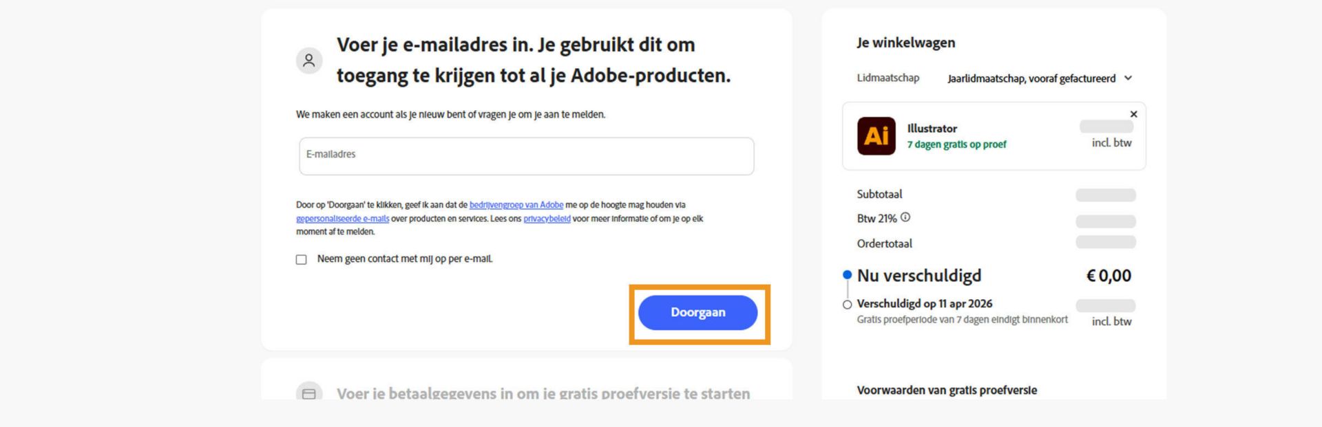 Op de pagina Betalingen ziet u een tekstvak waarin u uw e-mailadres en uw lidmaatschapgegevens kunt invoeren. Ook ziet u opties om door te gaan of terug te keren naar de vorige pagina. 