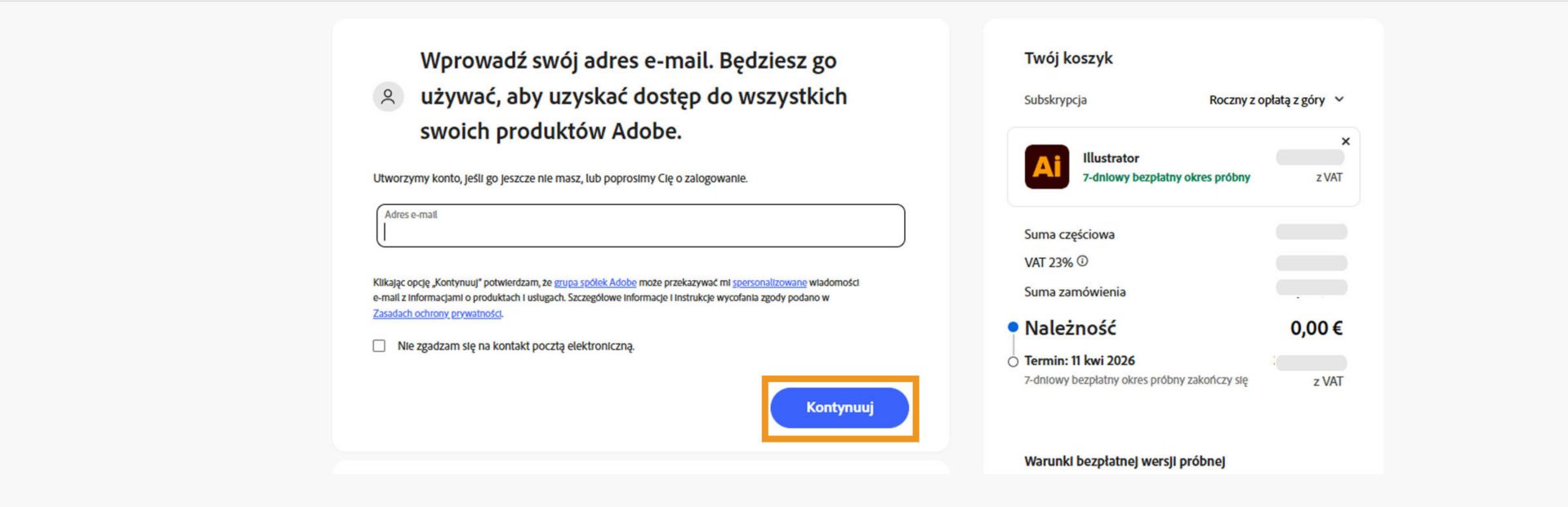 Strona płatności zawiera pole tekstowe do wprowadzenia adresu e-mail i szczegółów planu oraz opcje kontynuowania lub powrotu do poprzedniej strony. 
