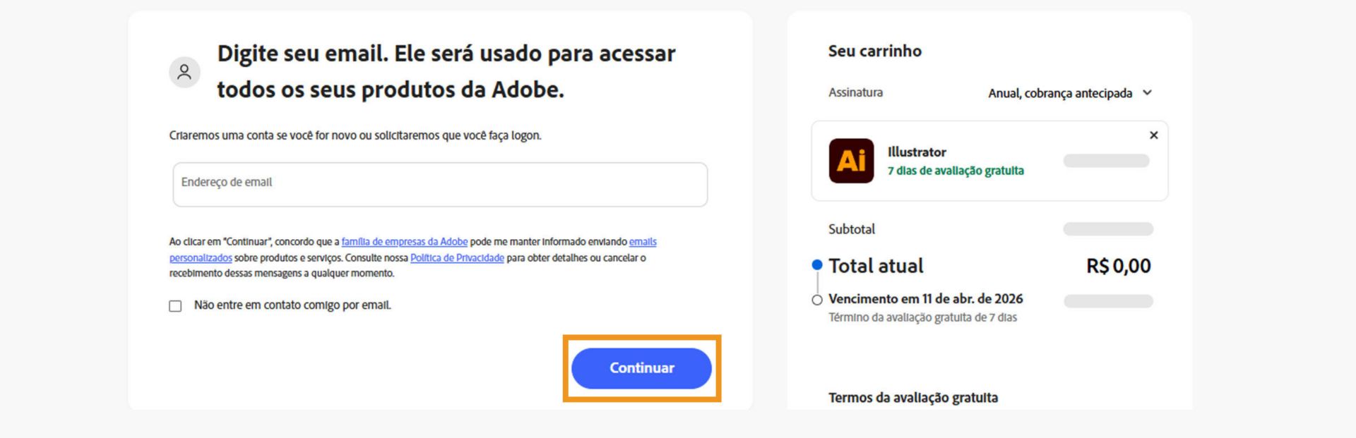 A página de pagamentos mostra uma caixa de texto para inserir seu endereço de email e os detalhes do seu plano, além de opções para continuar ou retornar à página anterior. 