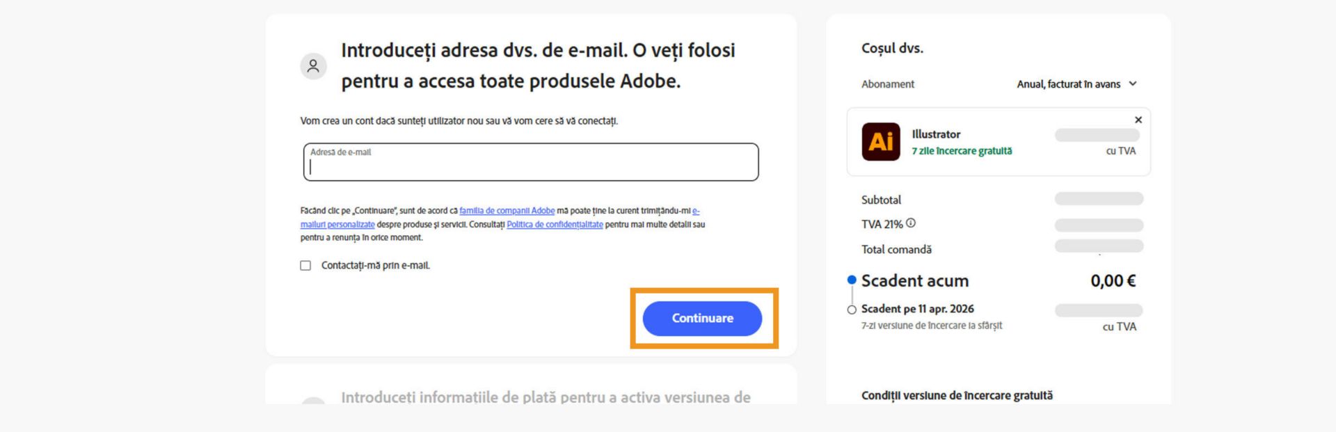 Pagina de plăți afișează o casetă de text pentru a introduce adresa dvs. de e-mail și detaliile planului dvs., precum și opțiuni pentru a continua sau a reveni la pagina anterioară. 