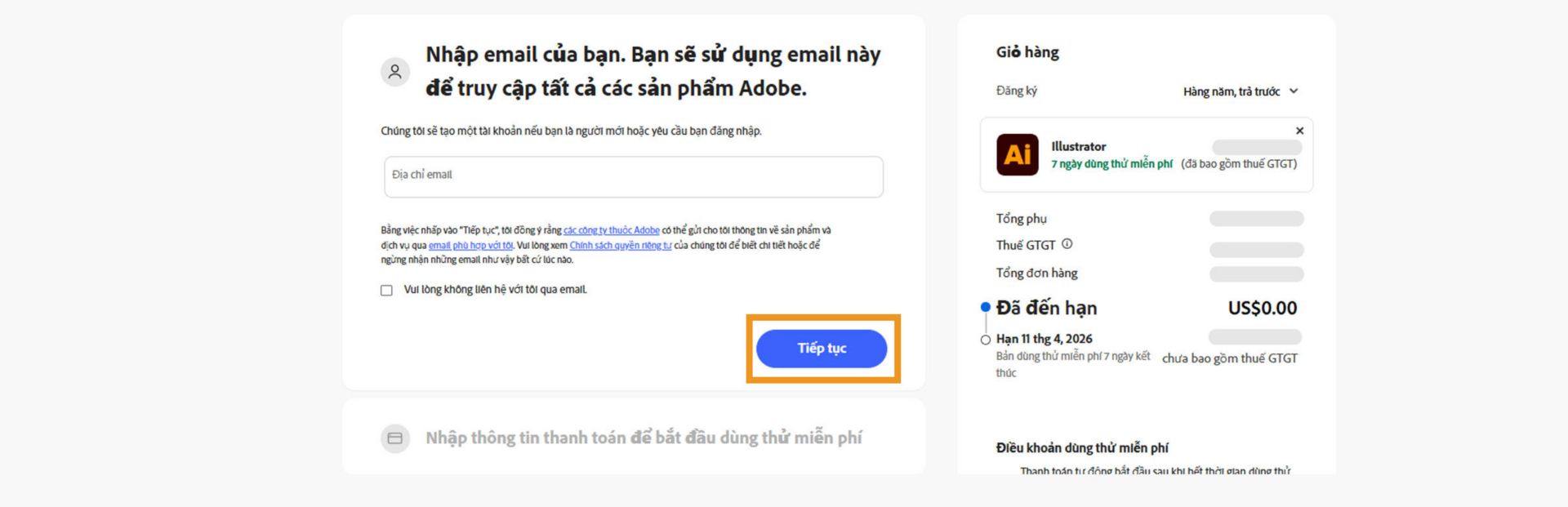 Trang thanh toán hiển thị một ô văn bản để nhập địa chỉ email của bạn và chi tiết gói của bạn, cùng các OPTIONS để tiếp tục hoặc quay lại trang trước. 