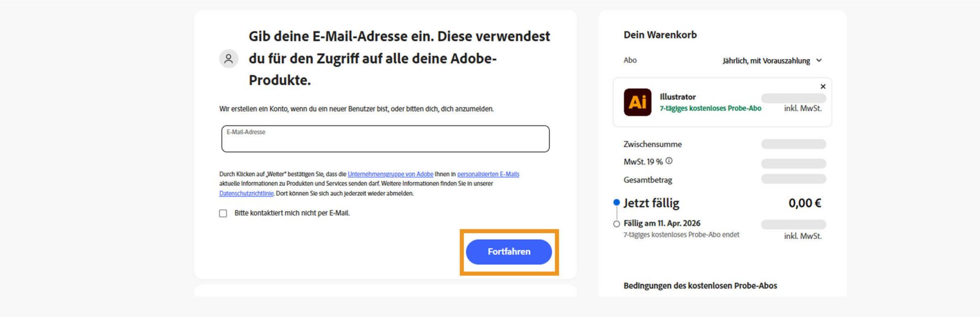 Auf der Zahlungsseite sind ein Textfeld zur Eingabe der E-Mail-Adresse und deine Abo-Details zu sehen sowie Optionen zum Fortfahren oder Zurückkehren zur vorherigen Seite. 