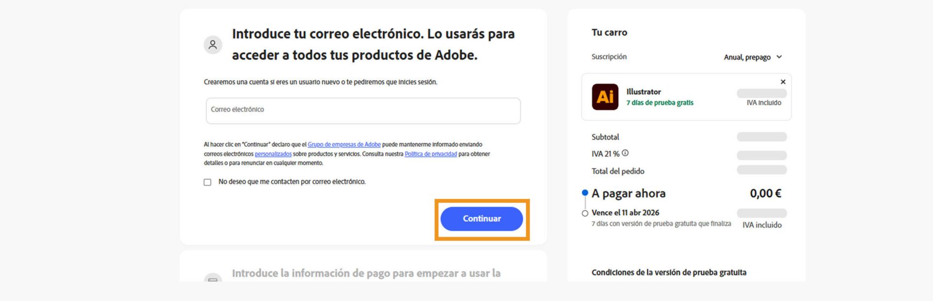 La página de pagos muestra un cuadro de texto para introducir su correo electrónico y los detalles de su plan, y opciones para continuar o volver a la página anterior. 