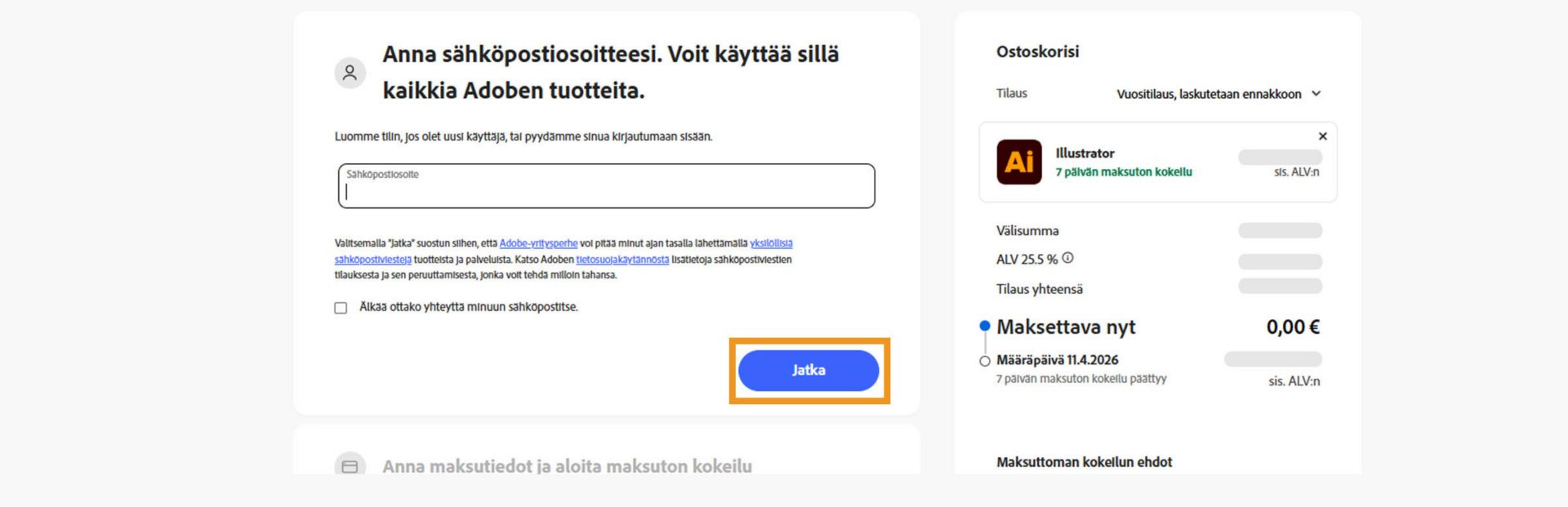 Maksusivu näyttää tekstikentän sähköpostiosoitteen ja sopimutietojen syöttämiseen sekä vaihtoehdot jatkaa tai palata edelliselle sivulle. 