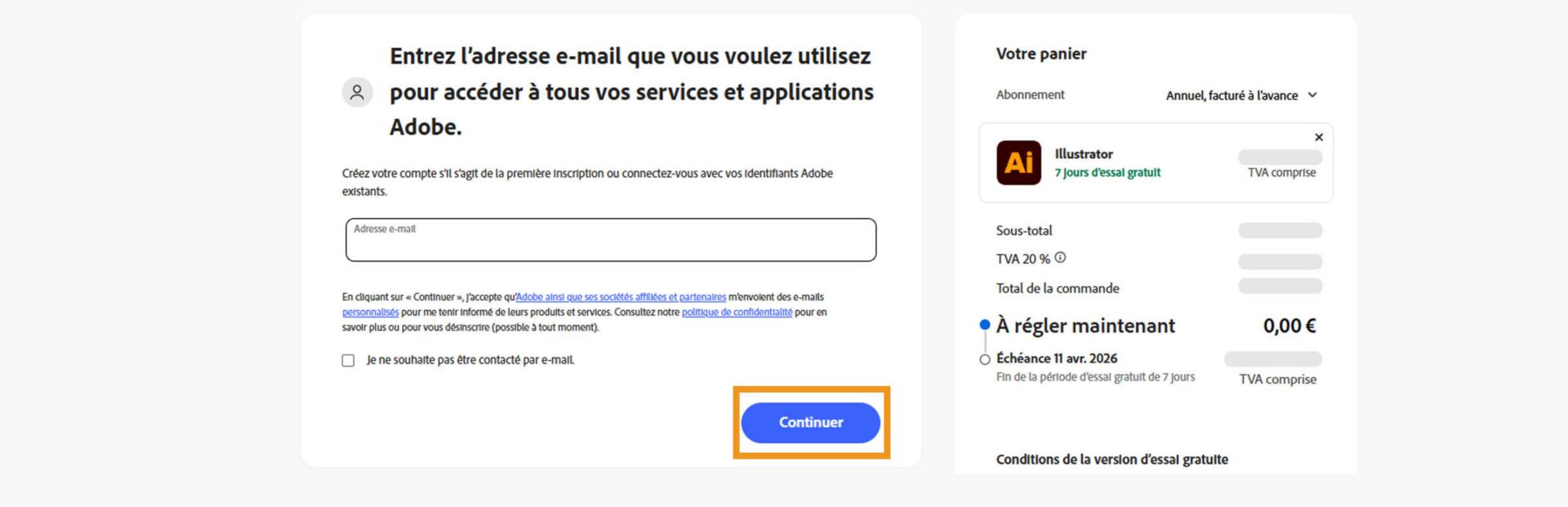 La page des paiements affiche une zone de texte pour saisir votre adresse e-mail et les détails de votre forfait, ainsi que des options pour continuer ou revenir à la page précédente. 