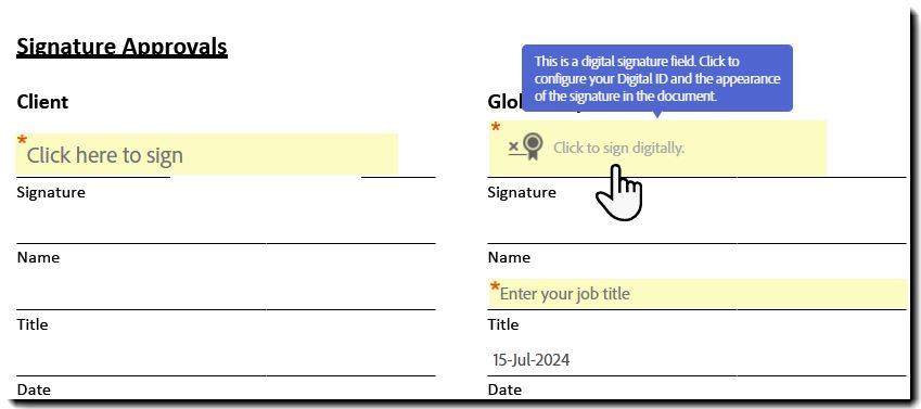 Et digitalt signaturfelt, der viser værktøjstippet