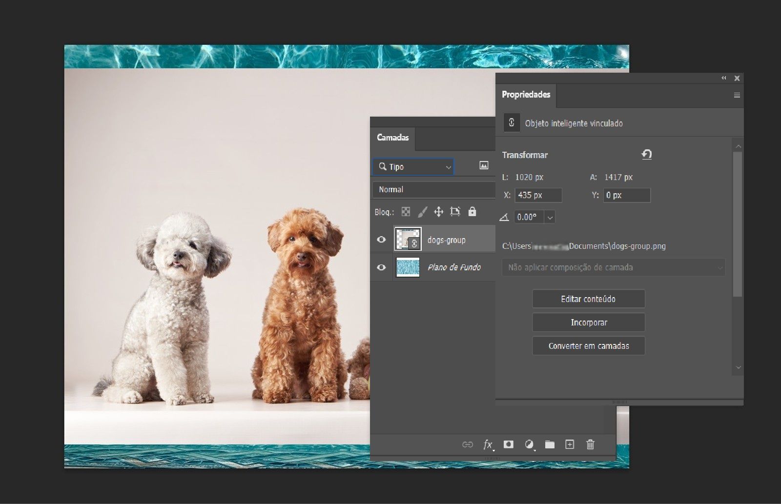 Um documento do Photoshop mostra uma camada de Objeto inteligente selecionada com detalhes de link, tamanho e posição no painel Propriedades.
